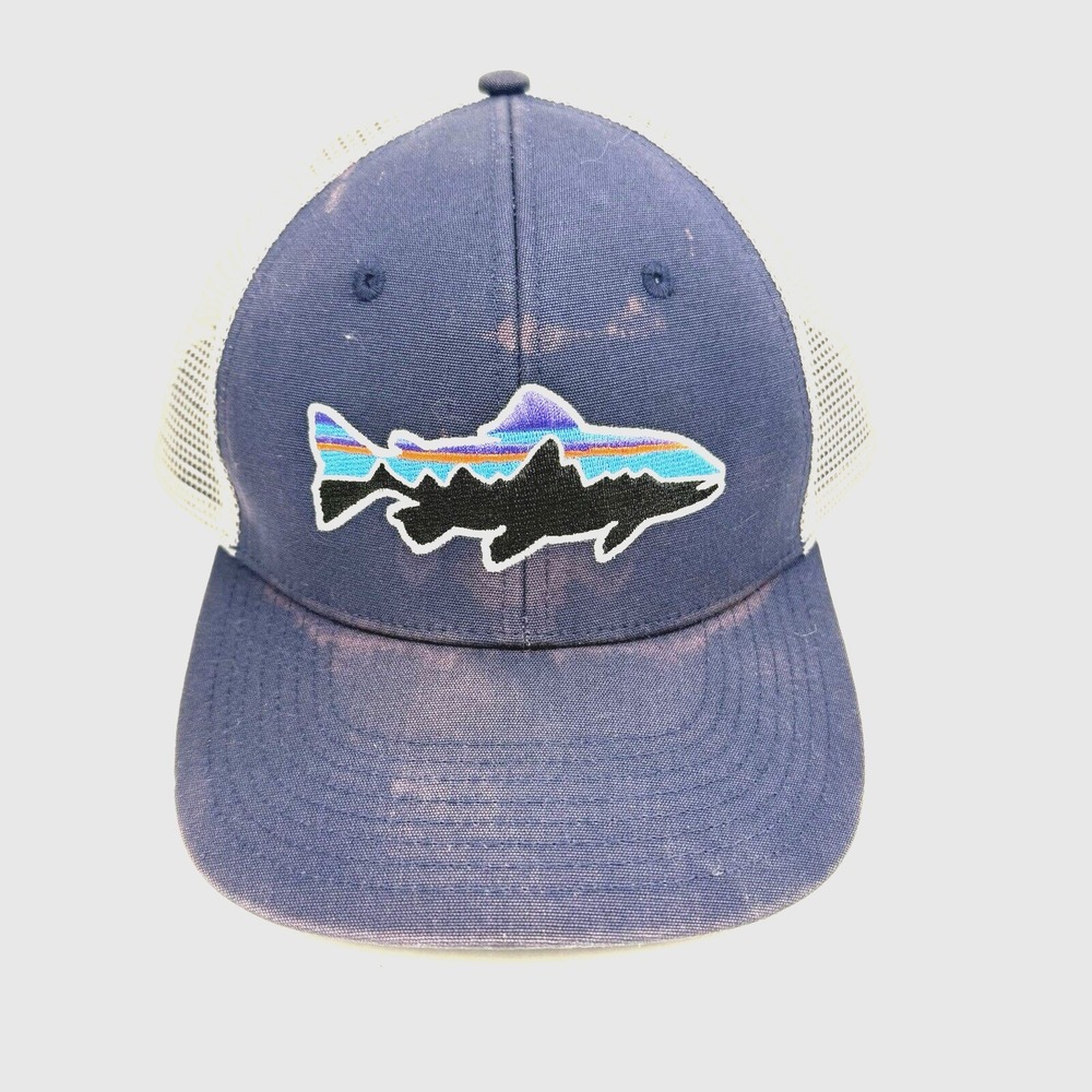 Patagonia Hat Fitz Roy Trout Fish Snapback Trucker Cap Mesh Blue‎ Distressed